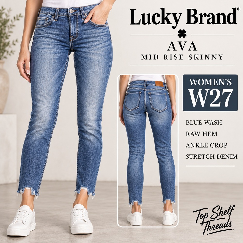 Lucky Brand Ava Mid Rise Skinny Women W27 Blue Raw Hem Ankle Stretch Crop Jeans